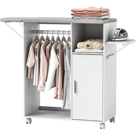 Table à repasser pliante sur roulettes, armoire avec étagère réglable et barre de suspension, 127x42,5x99 cm, blanc, pratique et gain de place. (1/5)