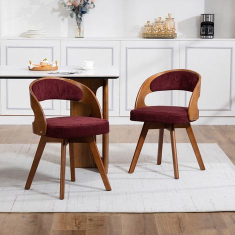 Lot de 2 chaises de salle à manger en bois, style moderne, avec assise pivotante, coussin d’assise en coton et lin et dossier incurvé, chaises d’appoint pour cuisine, café (lin rouge vin) (1/5)