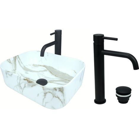 GTM Design Aufsatzwaschbecken 40 cm Glanz Set mit Waschtischbatterie und Stopfen - Aufsatzwaschbecken Oval für Badezimmer - Modernes Waschbecken ohne Hahnloch - Waschbecken mit Armature (1/5)