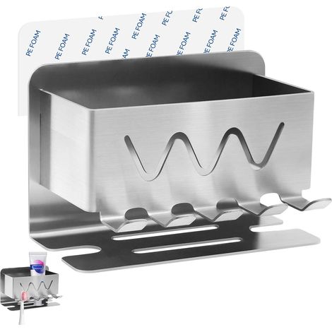 Porte-brosse à dents mural en acier inoxydable - Sans perçage - Argenté - Auto-adhésif - Pour salle de bain - Argenté (1/5)