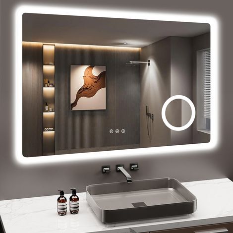 Badezimmerspiegel GIMBELEN 80x60 cm mit LED-Beleuchtung, 3-in-1 Touch, Anti-Beschlag, 3x Vergrößerung, Steckdose, 3 Lichtfarben, Dimmer, IP44 (1/5)
