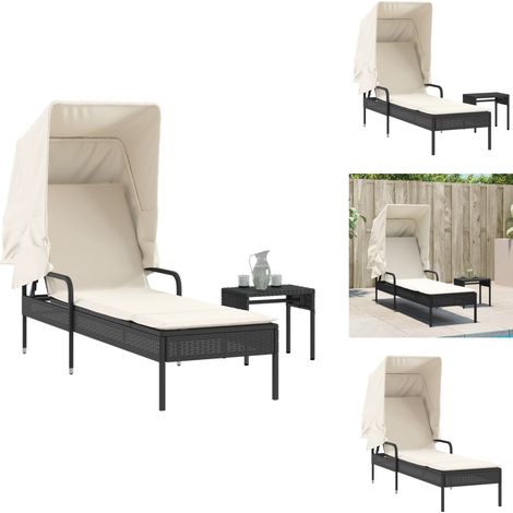 The Living Store Chaise longue avec auvent et table noir résine tressée - Chaise longue avec auvent (1/5)
