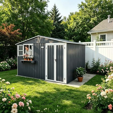 Metallgerätehaus grau 313x255x200cm, Gartenhaus verzinkter Stahl mit Fenster & Tür abschließbar, Wasserdicht 7,19m²
