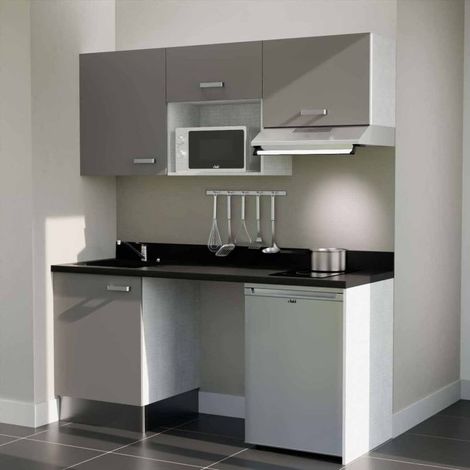 Kitchenette K55L - 180 cm - plan monobloc évier intégré Nero- évier à gauche - Façades Gris + Electroménager inclus coloris Inox (1/5)