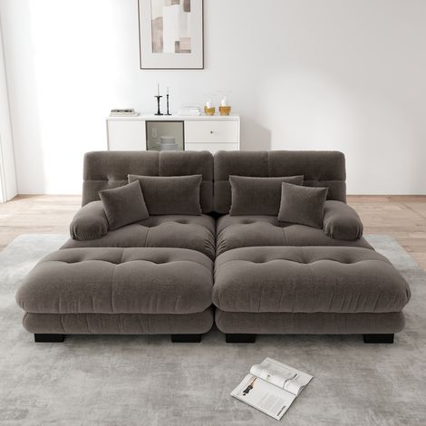 Canapé d'angle en velours côtelé marron pour séjour, convertible 2 places avec 2 oreillers de soutien lombaire et 2 coussins déco, rembourré à larges repose-bras, livré avec 2 tabourets. (1/5)