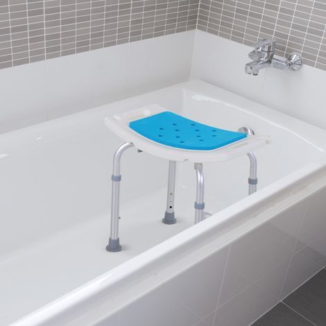 Höhenverstellbarer Duschsitz, ergonomischer Duschhocker, rutschfeste Füße, max. Belastbarkeit 135 kg, Aluminium, HDPE, Weiß, Blau (1/5)
