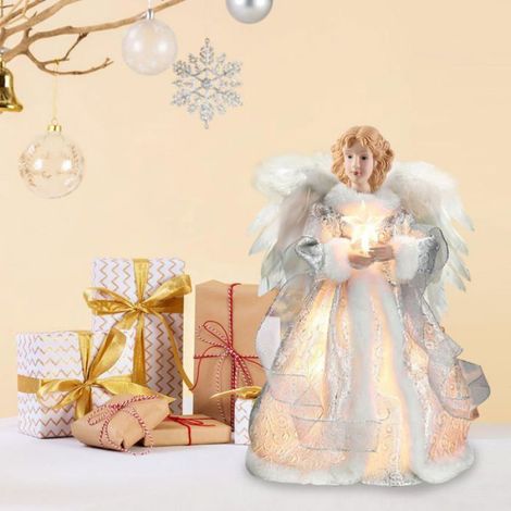 Ange de Noël pour sapin de Noël, figurine d'ange de Noël, décoration d'intérieur avec ailes en plumes, 32 cm (argent) (1/4)