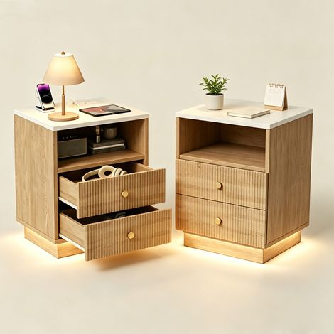 Table de Chevet Lot de 2 avec LED RGB et Prise USB - avec Éclairage d'Ambiance - Scandinave style (1/5)