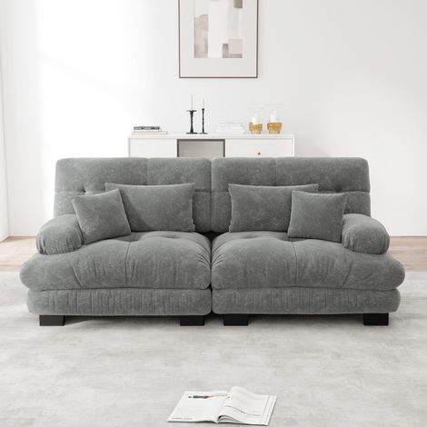 Divano componibile 2 posti, Tessuto ciniglia, Struttura in legno massello, Piedini in plastica, 2 cuscini lombari + 2 cuscini decorativi, Grigio