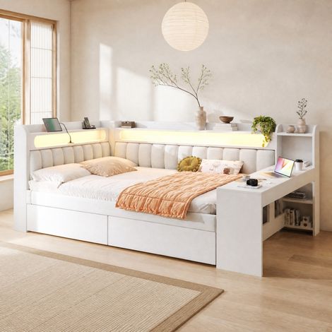 Lit banquette 140x200 cm en MDF blanc avec bureau, USB et tiroirs, pour studio – MEUBLIV (1/5)