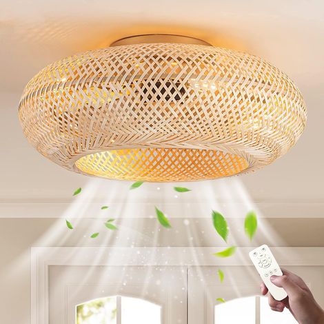 Ventilador de techo retro E27 con luz y control remoto, lámpara colgante silenciosa, lámpara de techo de bambú tejido y ratán natural para sala de estar, dormitorio y comedor. (1/5)