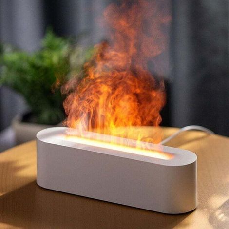 Diffuseur Huiles Essentielles avec Effet Flamme, 7 Couleurs Lumières LED Humidificateur , minuterie et Arrêt Automatique sans Eau-Blanc (1/4)