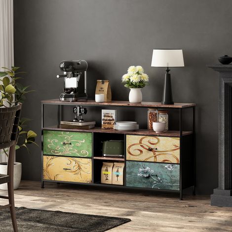 Meuble TV rétro, support multimédia, support TV avec tiroirs, centre de divertissement, console multimédia, meuble TV pour salon, rétro, multicolore, 108 x 30 x 78 cm (1/5)