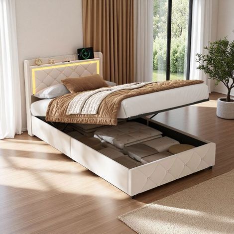 Cama con cofre acolchado 1 persona - 90x200cm Terciopelo beige - Cofre + almacenamiento en la cabecera - LED RGB y USB-C - Somier con pistones silenciosos