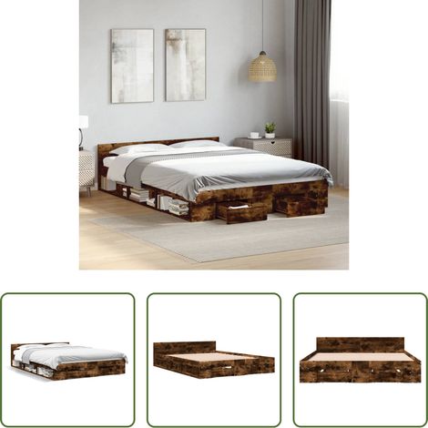 vidaXL Bois d'ingénierie -  Cadre de lit avec tiroirs sans matelas chêne fumé 160x200 cm (1/5)