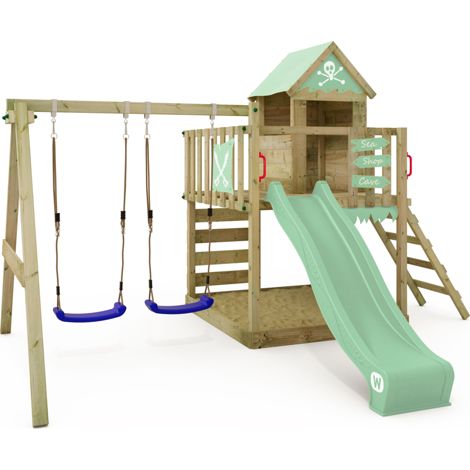 Parque infantil de madera Wickey Smart Cave con Columpio y Casita de juegos en verde claro