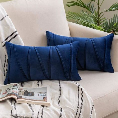 Lot de 2 Housse de Coussin, 30x50cm Decoratifs pour Canapes, en Velours Moelleux, avec Rayures Décoratives,Bleu Foncé (1/4)