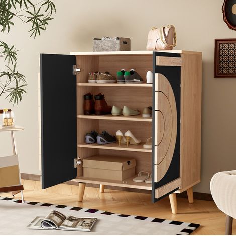 Moderner Schuhschrank mit runden, geometrischen Türen, mehrstufigem Stauraum, stabilen Holzbeinen. (1/5)