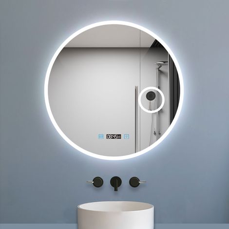 Aica Miroir rond de salle de bain 70cm LED tricolore horloge + loupe + anti-buée + mémoire