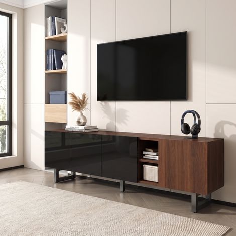 Meuble TV 180x38x50cm avec 4 Portes et Rangement, en Bois, Style Moderne Minimaliste, Noir et Naturel (1/5)