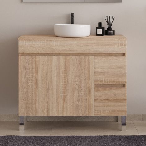 Meuble de salle de bain 90cm sur pieds avec plateau et une cuve à poser ronde - sans miroir - portes et tiroirs - cambrian (chêne clair) - HARO