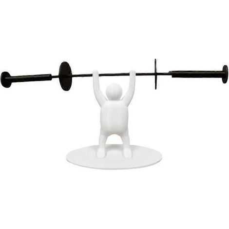 Porte-papier toilette haltérophile humoristique, tout blanc, petite figurine + barre d'haltères noire (1/5)
