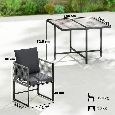 Ensemble de mobilier de jardin en polyrotin, 5 pièces, coin salon gain de place, table et 4 chaises, plateau en résine tressée, coussins, gris (1/5)