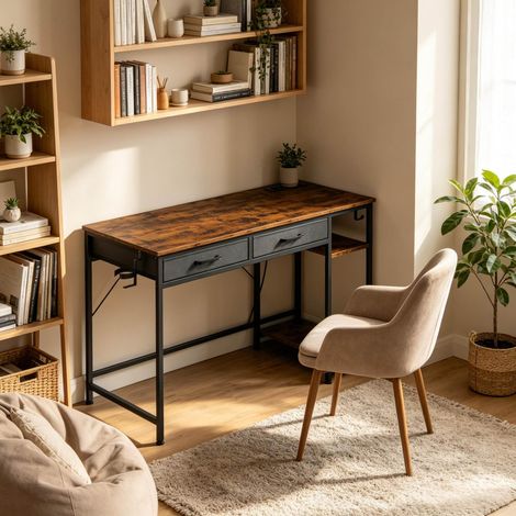 Schreibtisch 120x51x75 cm rustikbraun aus Holzwerkstoff und Metall mit 2 Stoffschubladen, Regal und Ladestation (1/5)