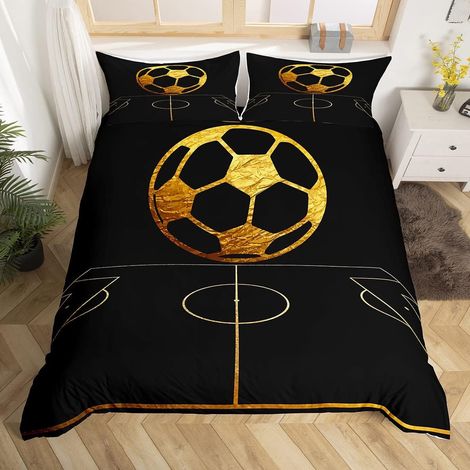 Football Parure de Lit 140x200cm Soccer Ball Sport Arena Housse de Couette Chambre à coucher 3D Ball Jeux Décor Sets de Housse de Couette Doré Noir Parure Housse de Couette Avec 1 taie d'oreiller - 14 (1/5)