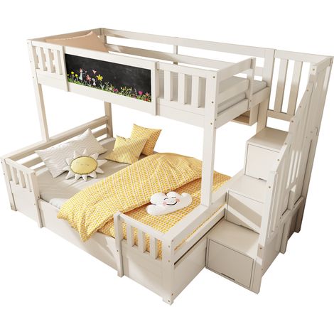 Lit superposé 3 places 90x200 et 140x200 cm Lit mezzanine cabane enfant bois massif avec tableau craie, escalier rangement, 1 tiroirs, blanc (1/5)
