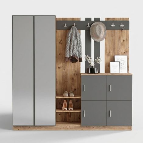 Garderobenmöbel mit Spiegel, Schuhschrank und Kleiderhaken Vesperium - Grau (1/3)