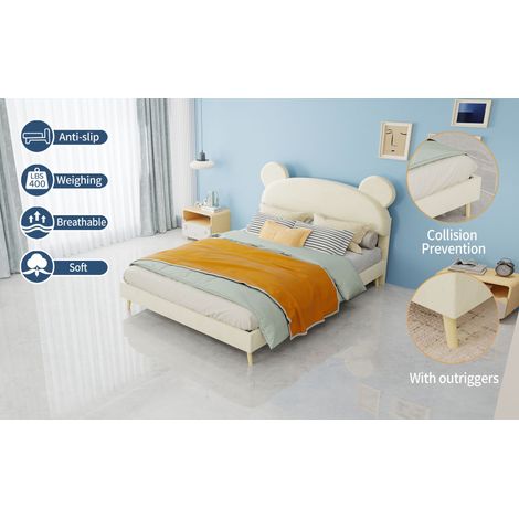 Lit rembourré beige 140 x 200 cm avec tête de lit douce à motif cartoon et matelas inclus pour chambre et suite parentale (1/5)
