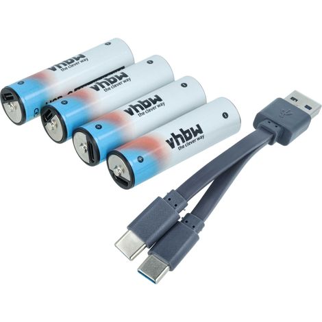vhbw 4x batteria AA con porta USB C (2047mAh, 1,5V, Li-Ion) + cavo USB-A / 2x USB-C