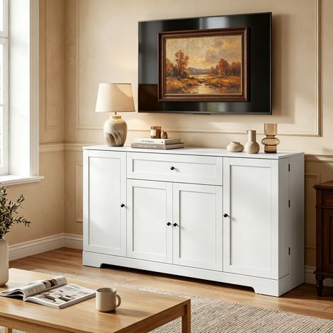 Buffet de cuisine 140x40x80 cm, 4 portes à fermeture douce, 1 tiroir, étagères réglables, MDF et aggloméré, blanc (1/5)