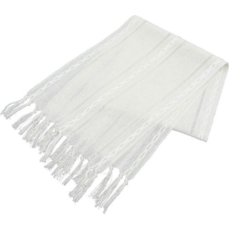 Chemin de table à pompons style champêtre pour fête, 200 x 33 cm, imitation coton et lin blanc, 1 pièce (1/5)