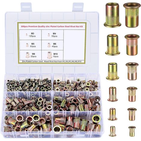 300 écrous à rivets en acier au carbone, écrous à sertir zingués, écrous à rivets aveugles filetés - M3/M4/M5/M6/M8/M10 (1/5)