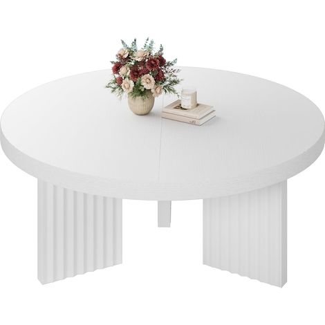 Table Basse Ronde 85 cm, Plateau Épais Effet Bois, Pieds Cannelés, Idéale Pour Salon Et Petits Espaces, Montage Facile Blanc (1/5)