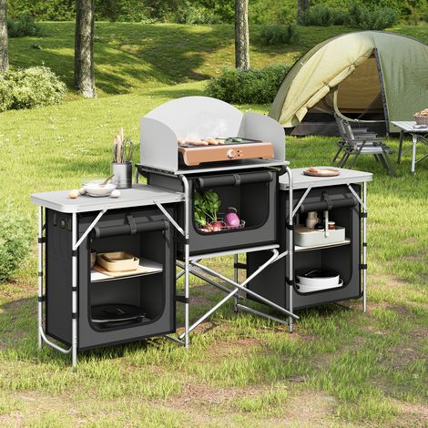 WOLTU Campingküche klappbar, Campingschrank mit Arbeitsplatten Staufächern, Reiseküche, Outdoor Küche inkl. Tragtasche, Aluminium MDF, für Camping Garten, Dunkelgrau (1/5)