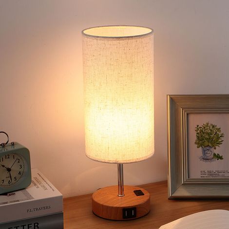 royaluxe -Lampe de table de chevet pour chambre à coucher – Lampe tactile à intensité variable à 3 voies, ports de charge USB C et prise sect, petite lampe, base en bois, abat-jour rond en tissu de li