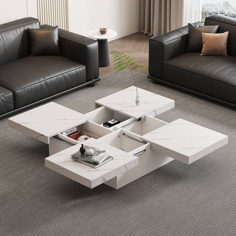 Table contemporaine basse carrée blanche 90x90 cm effet marbre, plateau coulissant, 4 tiroirs, design style contempora (1/5)