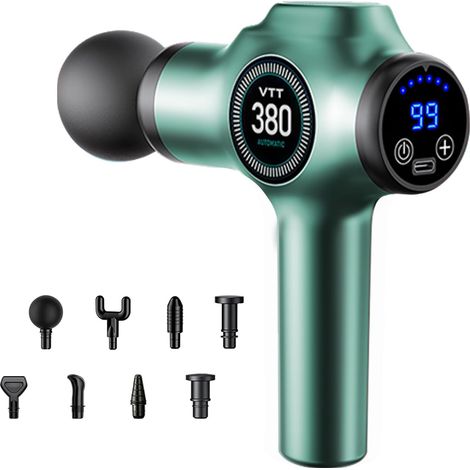 Pistolet Massage 99 Vitesses 9 Embouts LCD, Vert Silencieux, compact, 99 vitesses, 9 embouts, pour dos, cou, jambes, sport et quotidien (1/5)