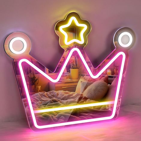 Enseigne néon miroir en forme de couronne (Rose) — LED à intensité variable alimentée par USB un merveilleux objet de décoration pour la chambre et un excellent cadeau pour les adolescents (1/5)