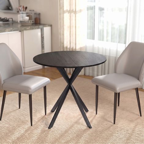 Table à Manger Ronde pour 2 Personnes avec Plateau Aspect Bois et Piètement Croisé en Acier, Noir (1/5)