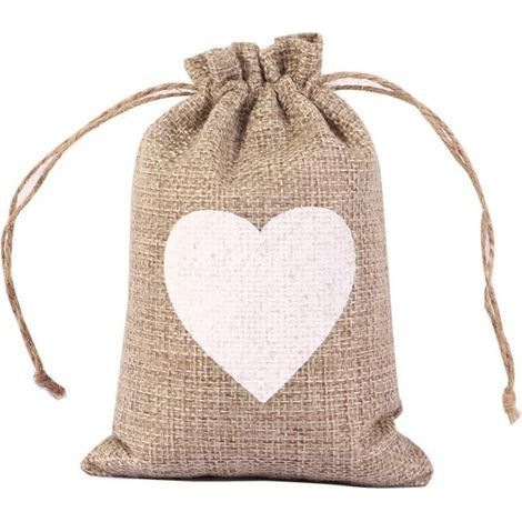 Pochettes Sachets en Lin Chanvre, Cœur Sac Cadeau, Sac Toile de Jute avec Cordon de Serrage, Pochette Lin Réutilisable pour Mariages Bijoux la Fête Bricolage 20pcs 10x14 cm (1/3)