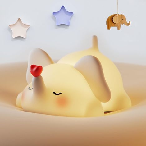 Veilleuse éléphant mignon, lumière douce à 3 niveaux d'intensité, minuterie, rechargeable, lampe de chevet tactile en silicone