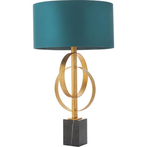 Merano Trento Lampe de table feuille d'or antique et tissu satiné bleu sarcelle (1/5)