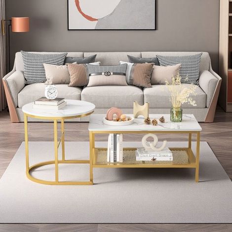 Couchtisch - Mix aus Holz und Metall - Rechteckig und Rund - Industrielle Ästhetik - 2 Plätze