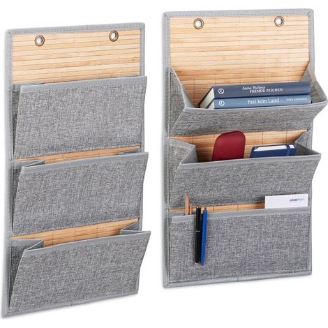 2x Tasca Portaoggetti da Parete, 58x34x15 cm, Portagiornali, Bambù e Iuta, per Ufficio, Corridoio, 3 Scomparti, Grigio