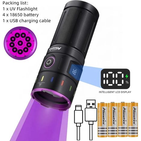 Hocheffiziente 200-W-LED-UV-Taschenlampe (365 nm), USB-aufladbar, silberfarben, für Katzen, Hunde, Ringelflechte, Urinflecken und Skorpionstiche (SV140-365NM). (1/5)