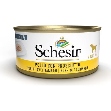 Schesir, Cibo Umido per Cani Adulti al Gusto Pollo con Prosciutto Preparato in Morbida Gelatina - Totale 2,7Kg (18 Lattine da 150G) (1/4)